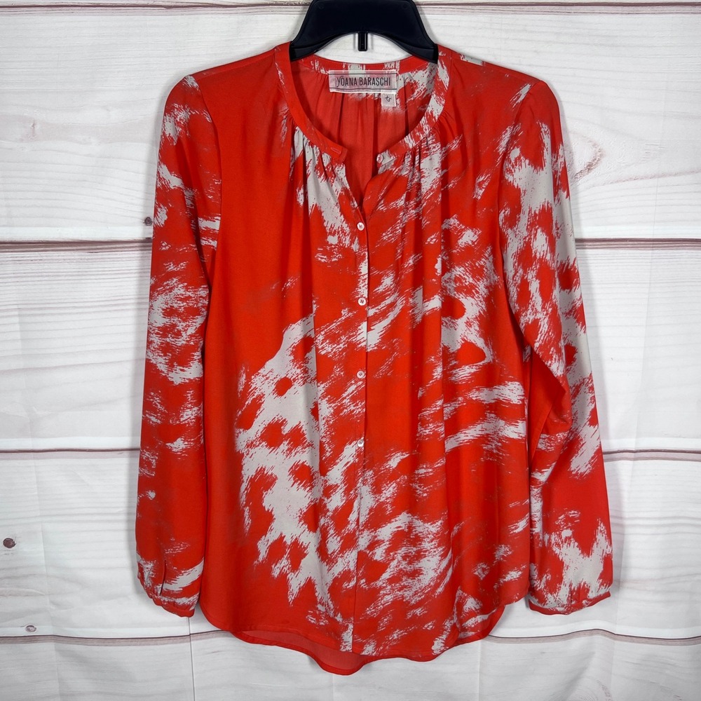 Yoana Baraschi Blouse Women XS Orange Abstract Button Front Long Sleeve Tunic